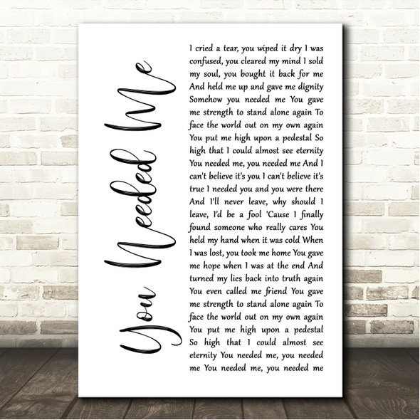 Anne Murray You Needed Me White Script Song Lyric Wall Art Print