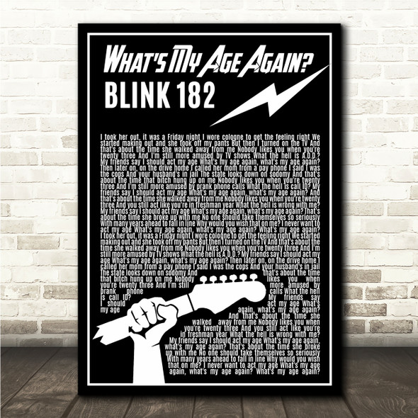 Blink 182 What's My Age Again Black & White Guitar Lightening Rock Song Lyric Wall Art Print
