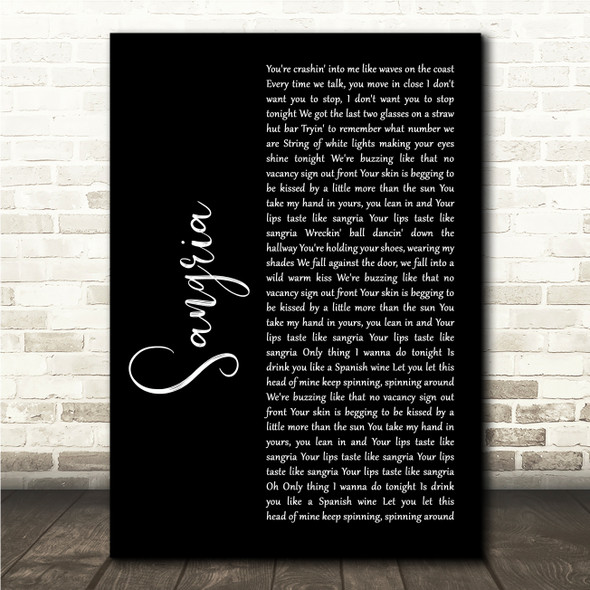 Blake Shelton Sangria Black Script Song Lyric Wall Art Print