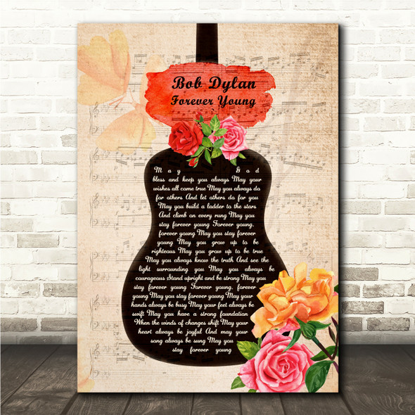 Bob Dylan Forever Young Floral Rose Guitar Script Song Lyric Wall Art Canvas Framed Print