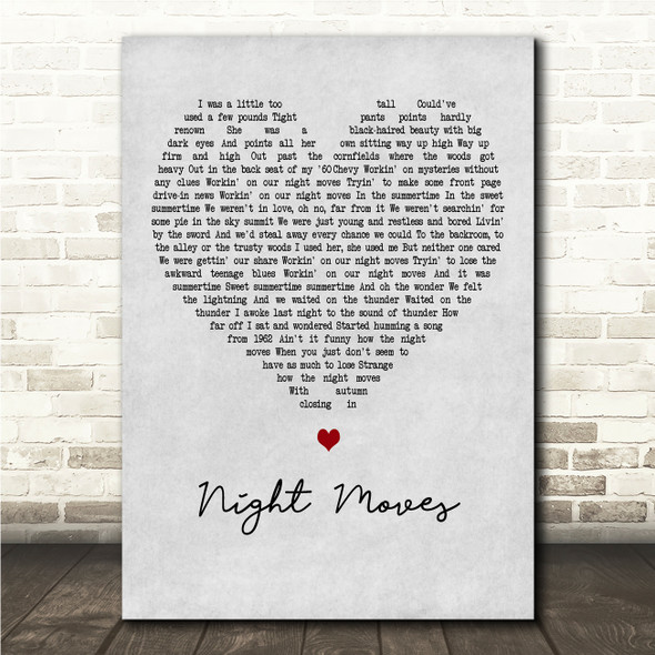 Bob Seger Night Moves Grey Heart Song Lyric Wall Art Canvas Framed Print