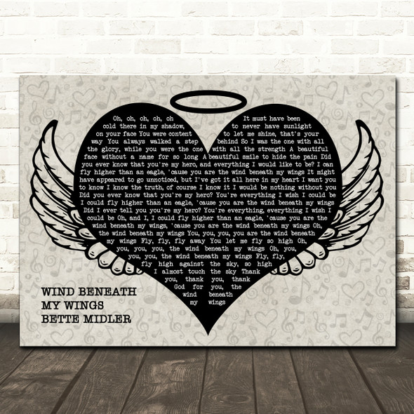 Bette Midler Wind Beneath My Wings Heart Angel Wings Halo Memorial Song Lyric Wall Art Canvas Framed Print