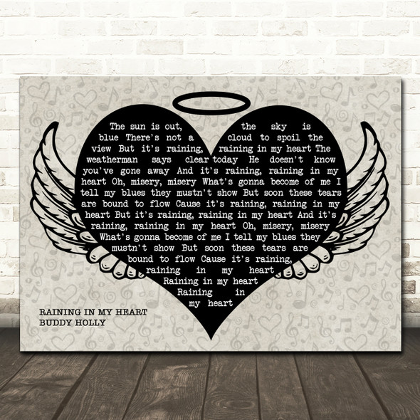 Buddy Holly Raining in My Heart Heart Angel Wings Halo Memorial Song Lyric Wall Art Canvas Framed Print