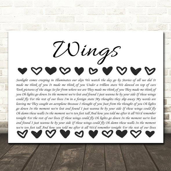 Birdy Wings Hearts Black & White In Row Song Lyric Wall Art Canvas Framed Print