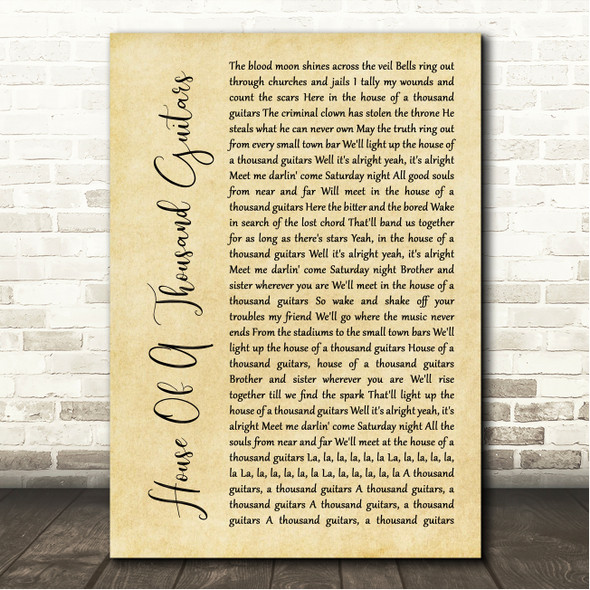 Bruce Springsteen House Of A Thousand Guitars Rustic Script Song Lyric Wall Art Canvas Framed Print