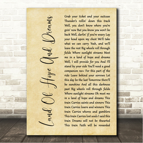Bruce Springsteen Land Of Hope And Dreams Rustic Script Song Lyric Wall Art Canvas Framed Print