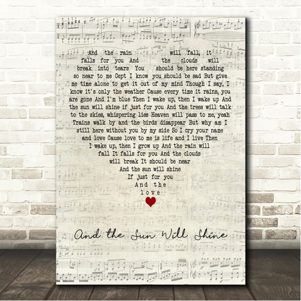 Bee Gees And the Sun Will Shine Script Heart Song Lyric Wall Art Canvas Framed Print