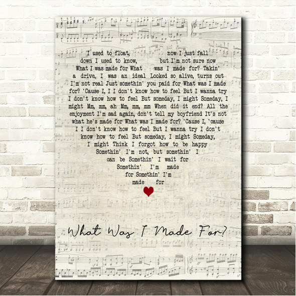 Billie Eilish What Was I Made For Script Heart Song Lyric Wall Art Canvas Framed Print