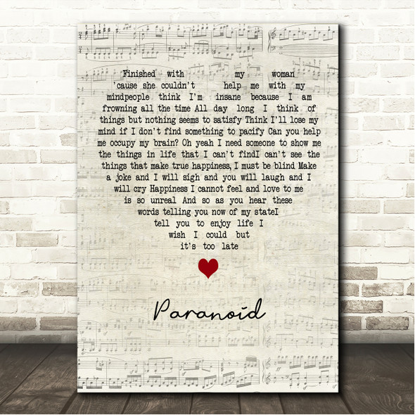 Black Sabbath Paranoid Script Heart Song Lyric Wall Art Canvas Framed Print