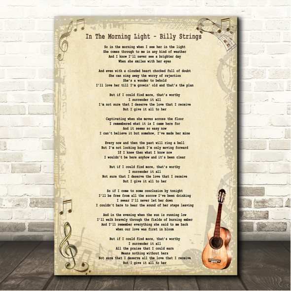 Billy Strings In The Morning Light Vintage Guitar Song Lyric Wall Art Canvas Framed Print