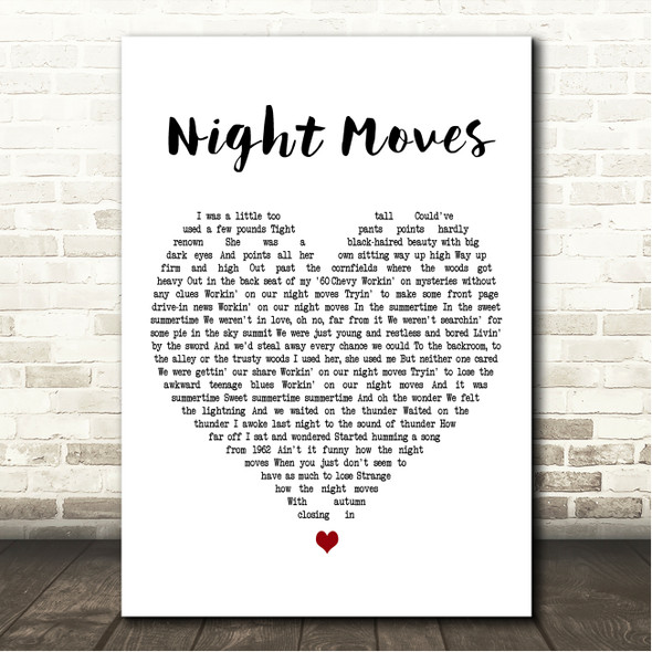Bob Seger Night Moves White Heart Song Lyric Wall Art Canvas Framed Print