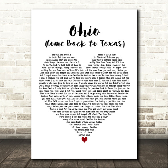 Bowling for Soup Ohio (Come Back to Texas) White Heart Song Lyric Wall Art Canvas Framed Print