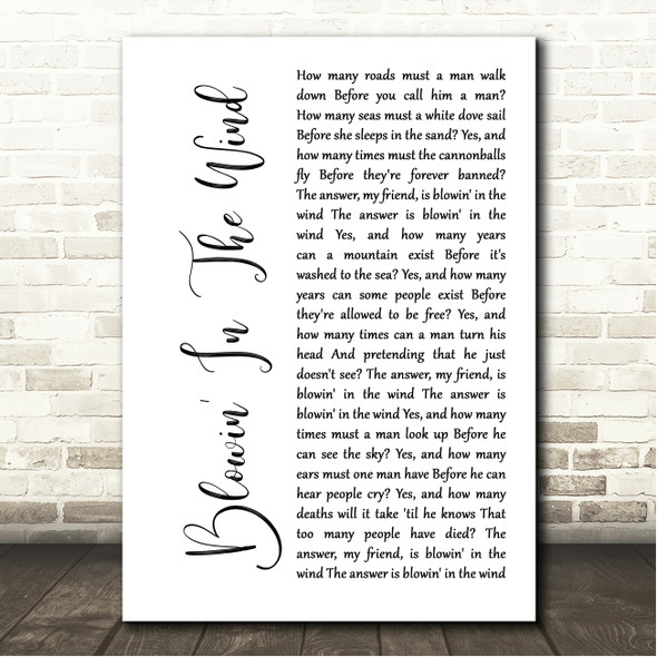 Bob Dylan Blowin' In The Wind White Script Song Lyric Wall Art Canvas Framed Print