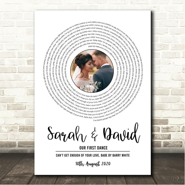 Barry White Can't Get Enough Of Your Love, Babe White Vinyl Record Wedding First Dance Photo Song Lyric Wall Art Canvas Framed Print