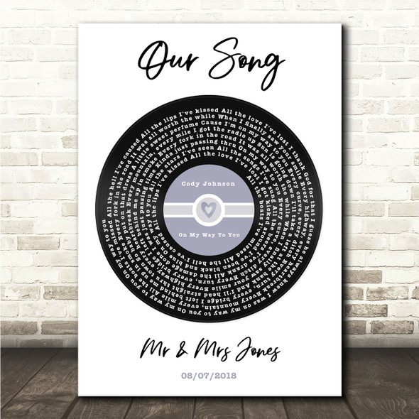 Cody Johnson On My Way To You Blue Heart Vinyl Record Song Lyric Wall Art Canvas Framed Print