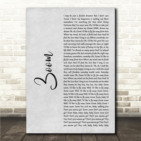 Commodores Zoom Grey Rustic Script Song Lyric Wall Art Canvas Framed Print