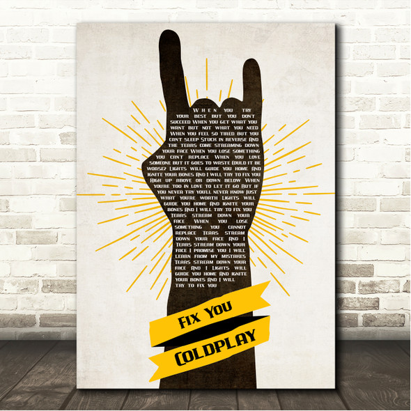 Coldplay Fix You Rock Fist Hand Yellow Song Lyric Wall Art Canvas Framed Print