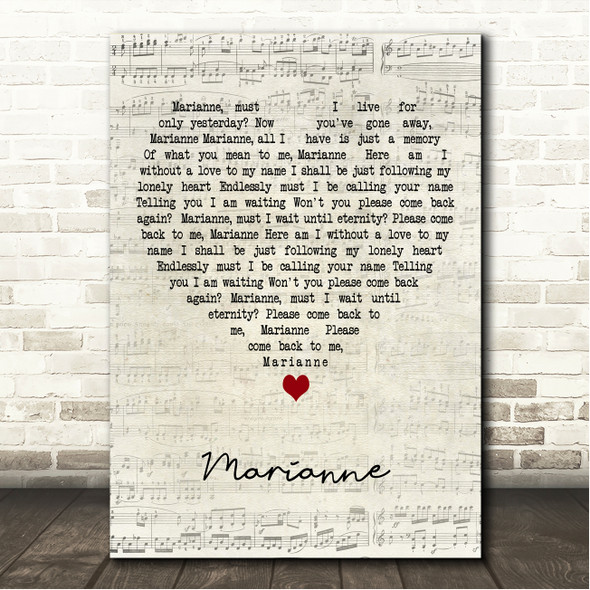 Cliff Richard Marianne Script Heart Song Lyric Wall Art Canvas Framed Print