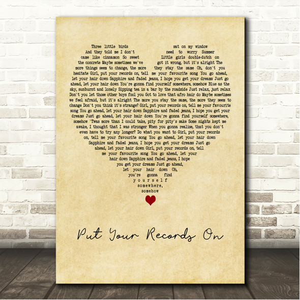 Corinne Bailey Rae Put Your Records On Vintage Heart Song Lyric Wall Art Canvas Framed Print