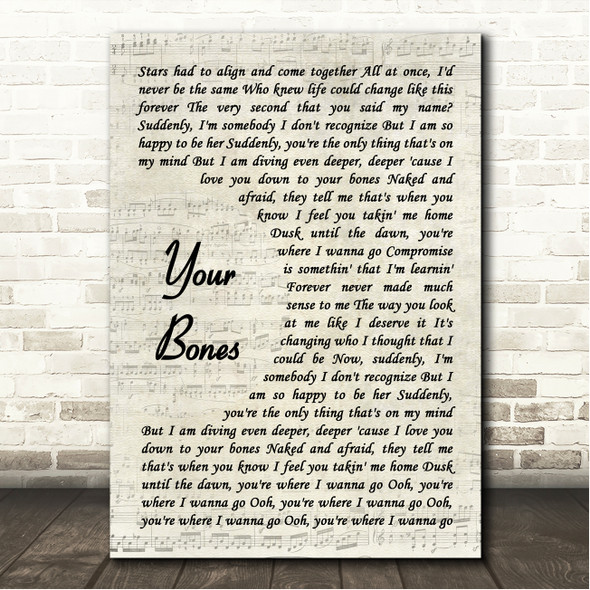 Chelsea Cutler Your Bones Vintage Script Song Lyric Wall Art Canvas Framed Print