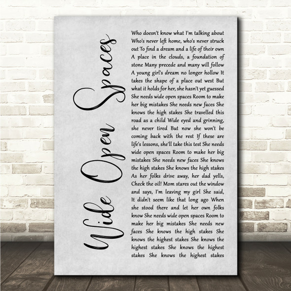 Dixie Chicks Wide Open Spaces Grey Rustic Script Song Lyric Wall Art Canvas Framed Print