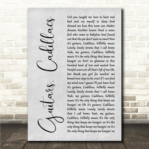 Dwight Yoakam Guitars, Cadillacs Grey Rustic Script Song Lyric Wall Art Canvas Framed Print