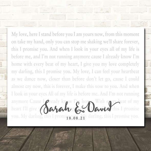 Donna taggart This I Promise You Landscape Smudge White Grey Wedding Photo Song Lyric Wall Art Canvas Framed Print