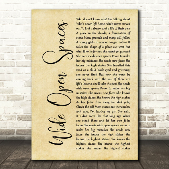 Dixie Chicks Wide Open Spaces Rustic Script Song Lyric Wall Art Canvas Framed Print