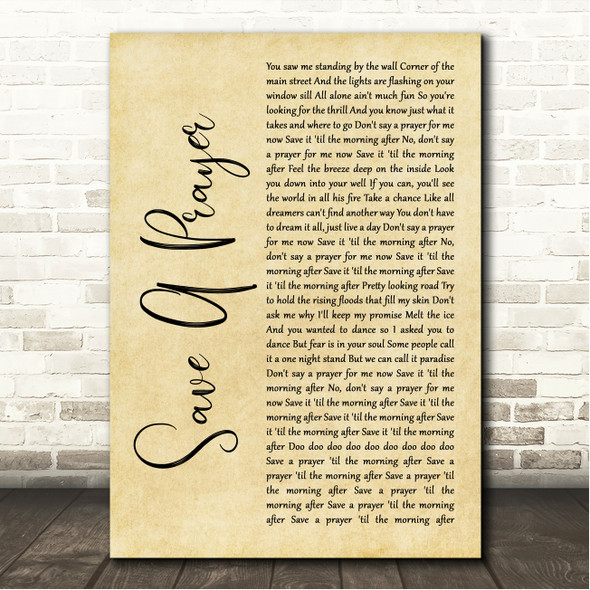 Duran Duran Save A Prayer Rustic Script Song Lyric Wall Art Canvas Framed Print