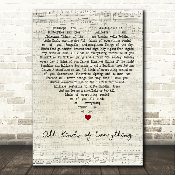 Dana (IRL) All Kinds of Everything Script Heart Song Lyric Wall Art Canvas Framed Print