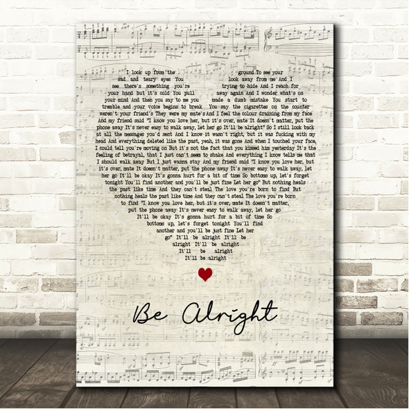 Dean Lewis Be Alright Script Heart Song Lyric Wall Art Canvas Framed Print