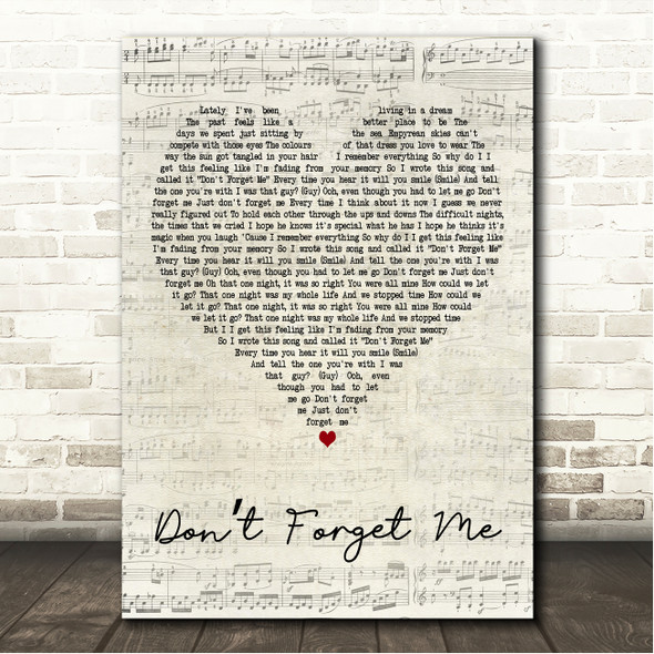 Dermot Kennedy Dont Forget Me Script Heart Song Lyric Wall Art Canvas Framed Print