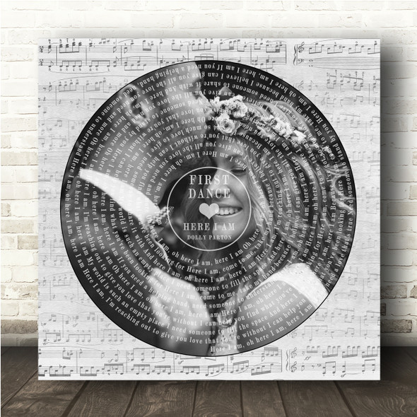 Dolly Parton Here I Am Square Vinyl Record Wedding Photo Grey Script Song Lyric Wall Art Canvas Framed Print