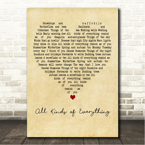 Dana (IRL) All Kinds of Everything Vintage Heart Song Lyric Wall Art Canvas Framed Print