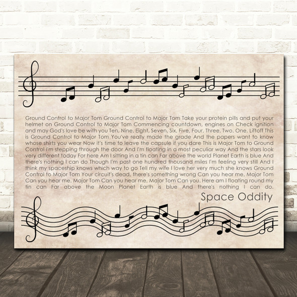 David Bowie Space Oddity Vintage Music Notes Script Song Lyric Wall Art Canvas Framed Print