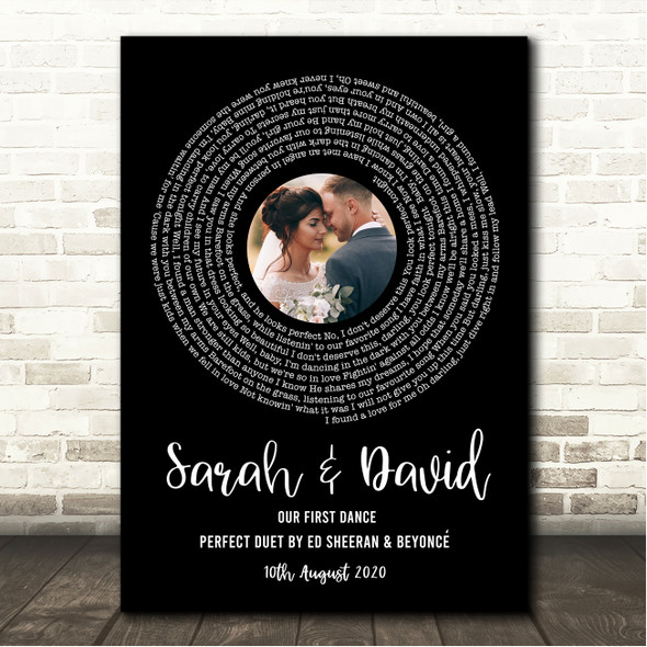 Ed Sheeran & Beyoncé Perfect Duet Black Vinyl Record Wedding First Dance Photo Song Lyric Wall Art Canvas Framed Print