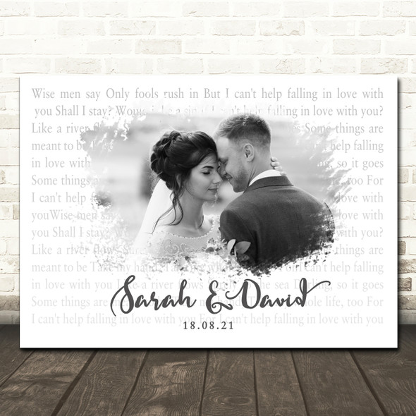 Elvis Presley Can't Help Falling In Love Landscape Smudge White Grey Wedding Photo Song Lyric Wall Art Canvas Framed Print