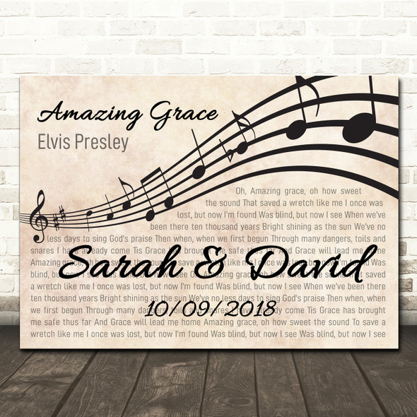 Elvis Presley Amazing Grace Landscape Wavy Music Notes Song Lyric Wall Art Canvas Framed Print