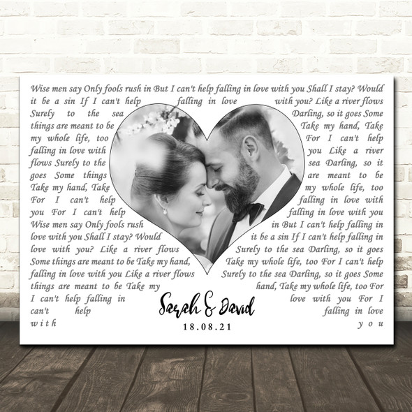 Elvis Presley Can't Help Falling In Love Landscape White Heart Any Text Wedding Photo Song Lyric Wall Art Canvas Framed Print