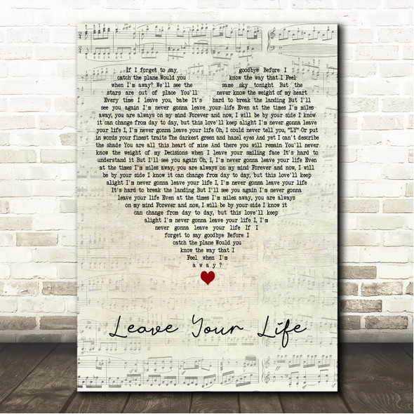 Ed Sheeran Leave Your Life Script Heart Song Lyric Wall Art Canvas Framed Print
