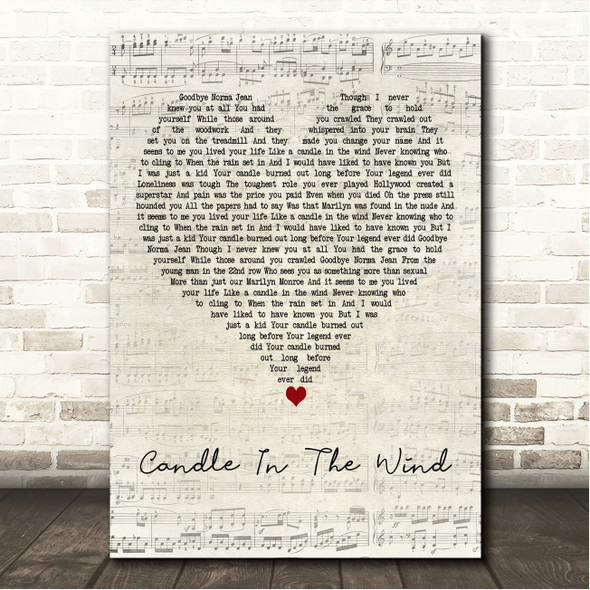 Elton John Candle In The Wind Script Heart Song Lyric Wall Art Canvas Framed Print
