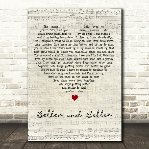 Eric Benét Better and Better Script Heart Song Lyric Wall Art Canvas Framed Print