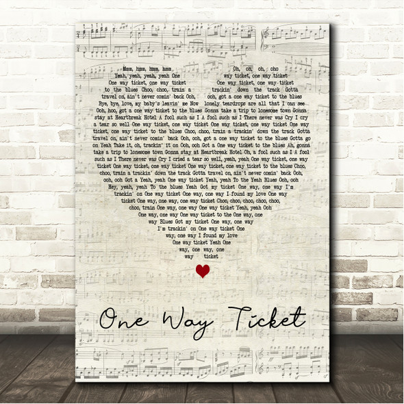 Eruption One Way Ticket Script Heart Song Lyric Wall Art Canvas Framed Print