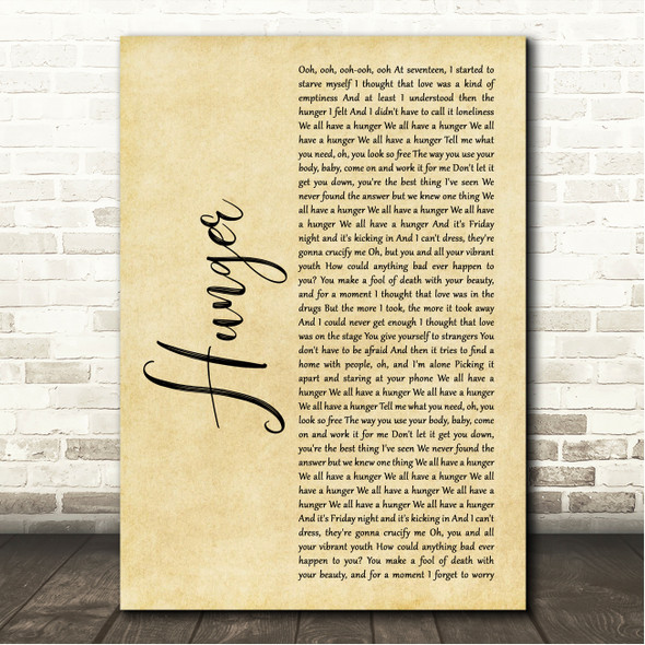 Florence + The Machine Hunger Rustic Script Song Lyric Wall Art Canvas Framed Print