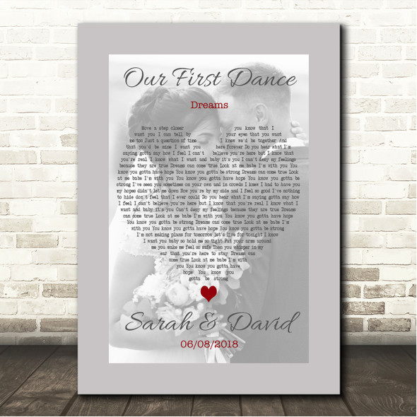 Gabrielle Dreams Grey Border Wedding Photo First Dance Song Lyric Wall Art Canvas Framed Print