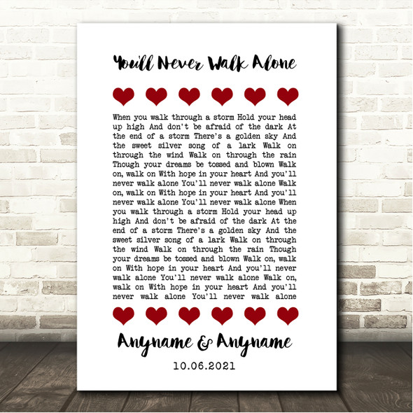 Gerry And The Pacemakers You'll Never Walk Alone Red Hearts In Row Song Lyric Wall Art Canvas Framed Print