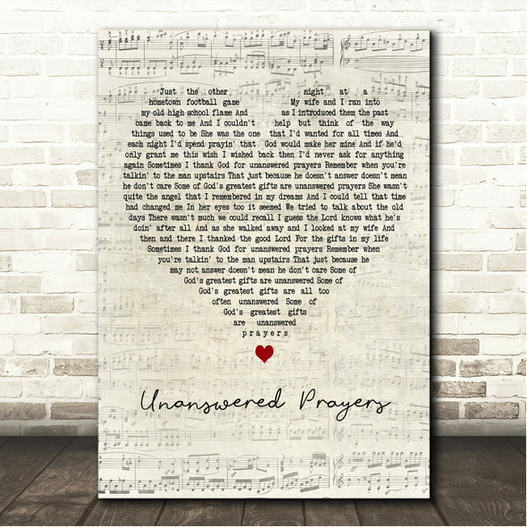 Garth Brooks Unanswered Prayers Script Heart Song Lyric Wall Art Canvas Framed Print