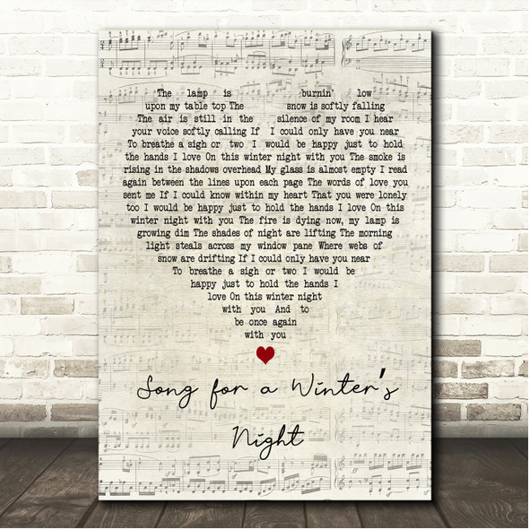 Gordon Lightfoot Song for a Winters Night Script Heart Song Lyric Wall Art Canvas Framed Print
