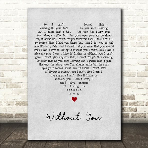 Harry Nilsson Without You Grey Heart Song Lyric Wall Art Canvas Framed Print