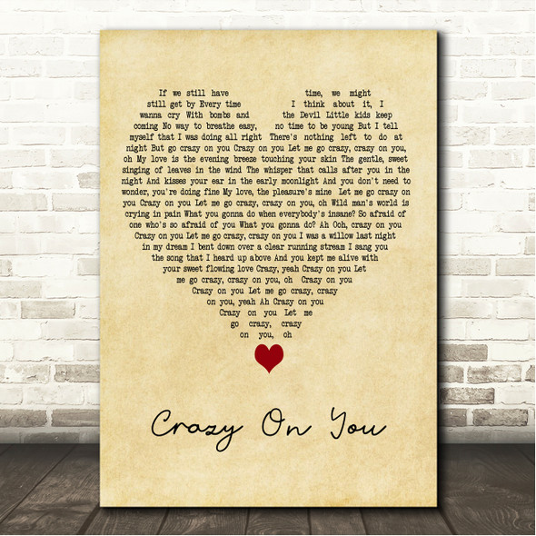 Heart Crazy on You Vintage Heart Song Lyric Wall Art Canvas Framed Print